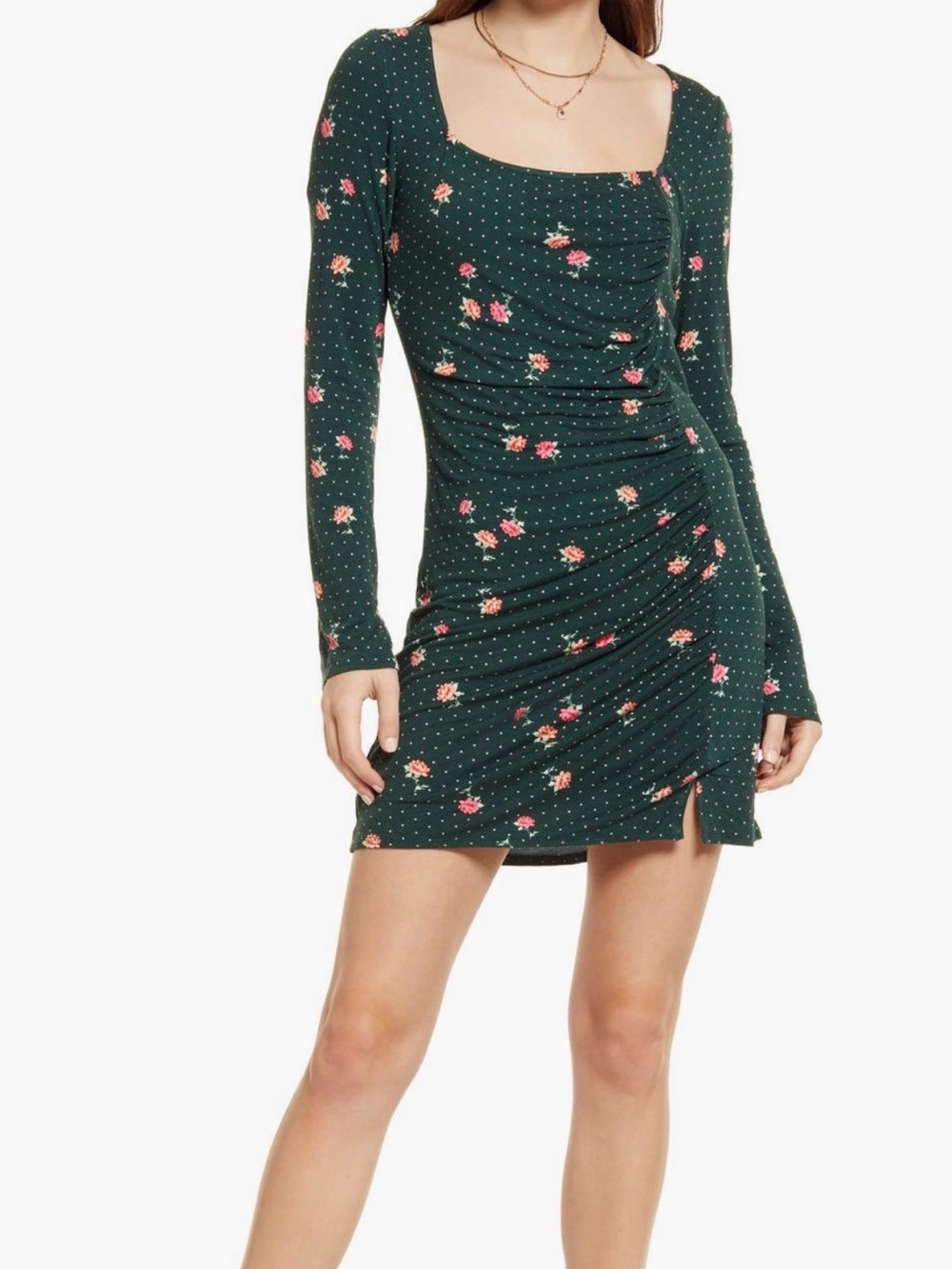 Free People Celia emerald - Dark Green Floral Ruched Long-Sleeve Mini Dress